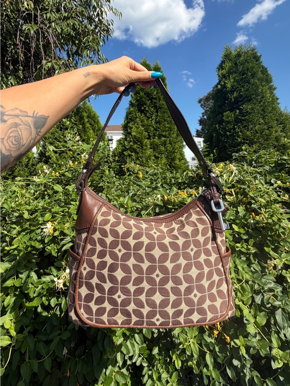 Vintage Fossil Signature Jacquard Brown Monogram Y2K Hobo Shoulder Bag